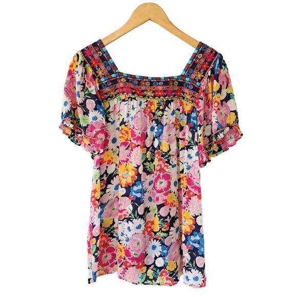 JOHNNY WAS Brisbane Floral-print Short-sleeve Top Bright Multi Medium - Picture 7 of 8